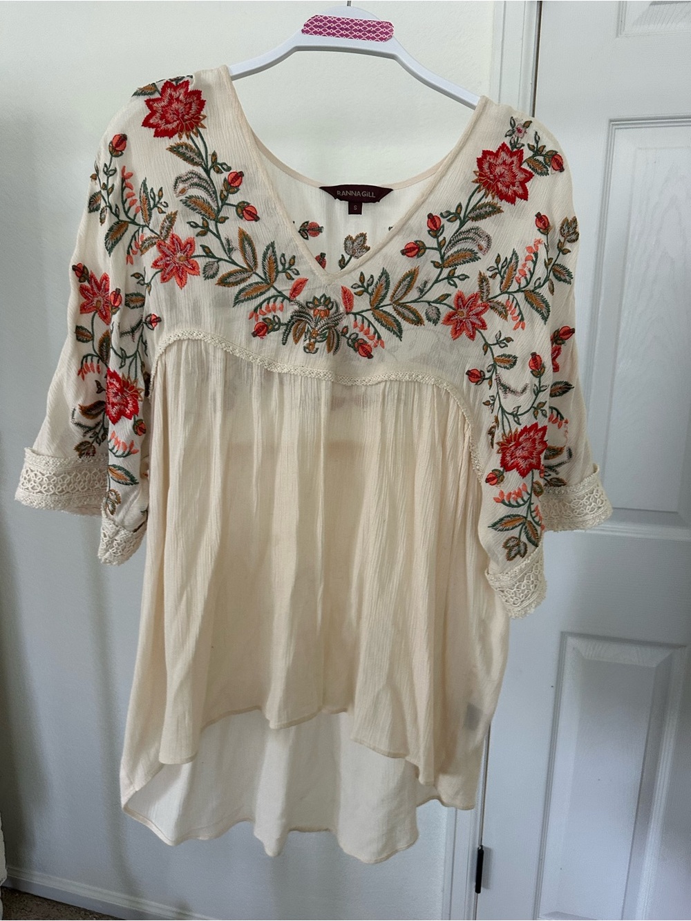 Ranna Gill Cream Tunic with Red & Green Floral Embroidery from Anthropologie